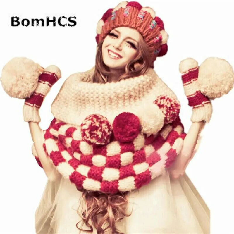 Шляпа bomhcs + шаль перчатки 100% ручная работа вязаная мягкая зимняя теплая Плотная