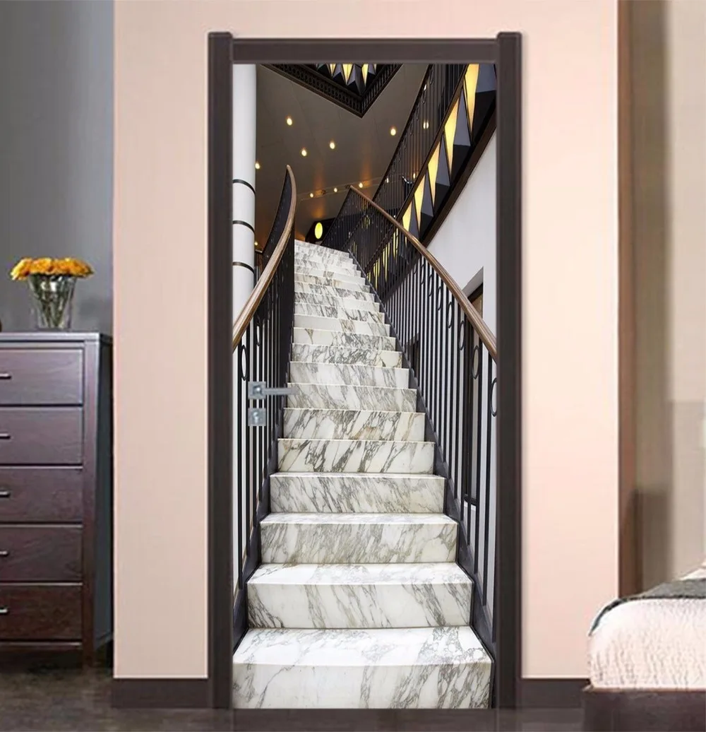 

Grey White Marble Stairs Door Stickers Wallpaper For Living Room Bedroom Door Wallpaper Art Wall Decals Mural Wall Sticker