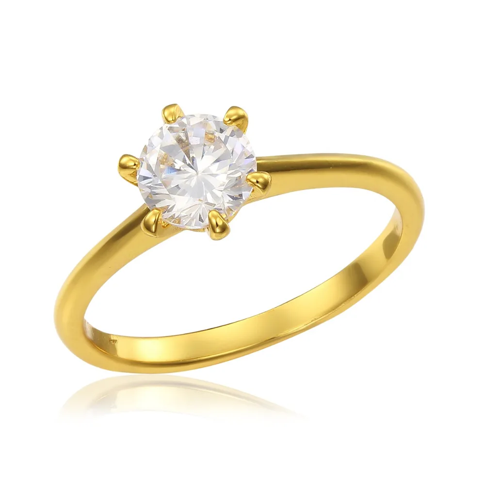 Желтое Золото Цвет Пасьянс шесть коготь круглый CZ круглое кольцо для женщин