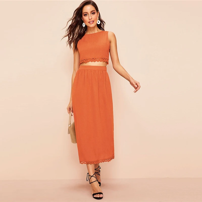 SHEIN 70s Топ С Пуговицами Сзади И Кружевной Отделкой И Юбка Комплект Женский Летний Элегантный Топ Без Рукавов И Юбка