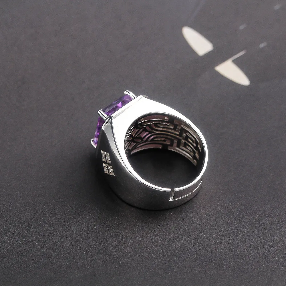 

SGARIT factory wholesale gemstone 925 sterling silver ring jewelry natural amethyst purple crystal adjustable ring for man