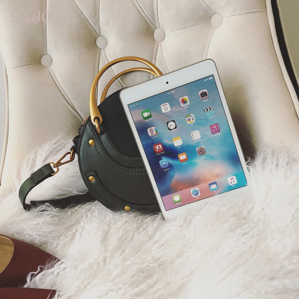 

Women Totes Bag Fashion Circular Leather Retro Brand Metal Ring Handbag For Girl Small Round Lady Shoulder Messenger Bags SAJOSE