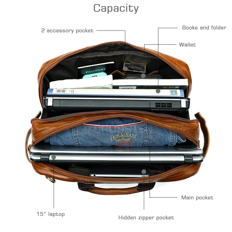 Crossten Multifunctional Natural Cowskin Genuine Leather Men's Briefcase Large Capacity Business bag Laptop Messenger Bag