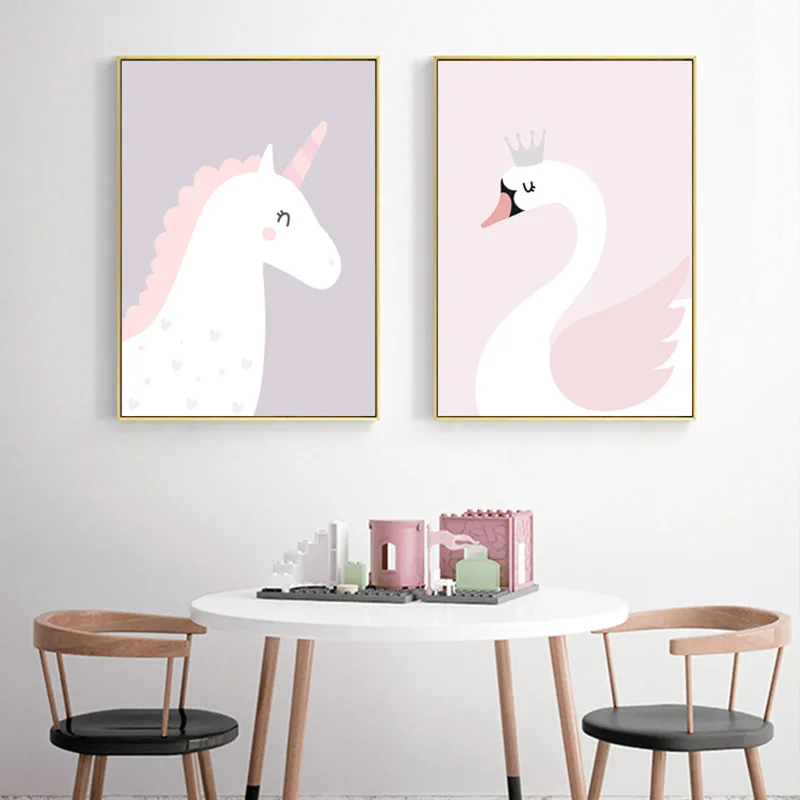 Пользовательское имя с рисунком лебедя Wall Art Холст Картина Единорог детская плакаты на скандинавскую тему розовый настенные панно для маленьких детей украшение для комнаты девочки