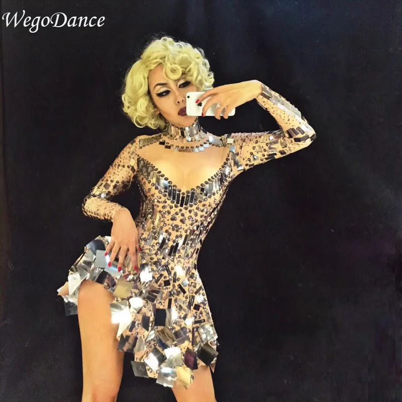 

New Sexy Shining Silver Mirrors Singer Dancer Bodysuit Costume Nightclub Dancer Dress For Woman Freeshipping