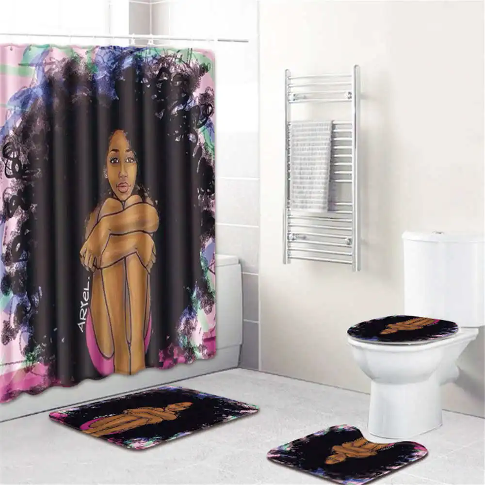4pcs shower curtain Картина маслом для девочек, водонепроницаемый декор для ванной комнаты, занавеска для ванной, нескользящий фланелевый ковер для туалета, коврик для ванной, набор занавесок для душа - Цвет: 4pcs shower curtain
