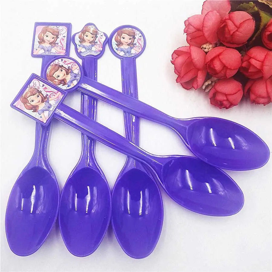 Spoon 10pcs Дисней София предметы для вечеринки принцессы салфетки подсвечник тарелки чашки ножи и вилки ложки попкорн украшения на день рождения - Цвет: Spoon 10pcs