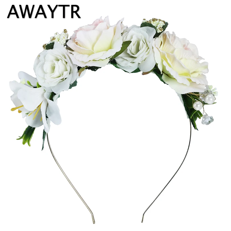 

Flower Headbands AWAYTR Bridal Hair Ornaments Floral Pearl Hairbands for Women Headpieces Spring Wedding Garlands Crown