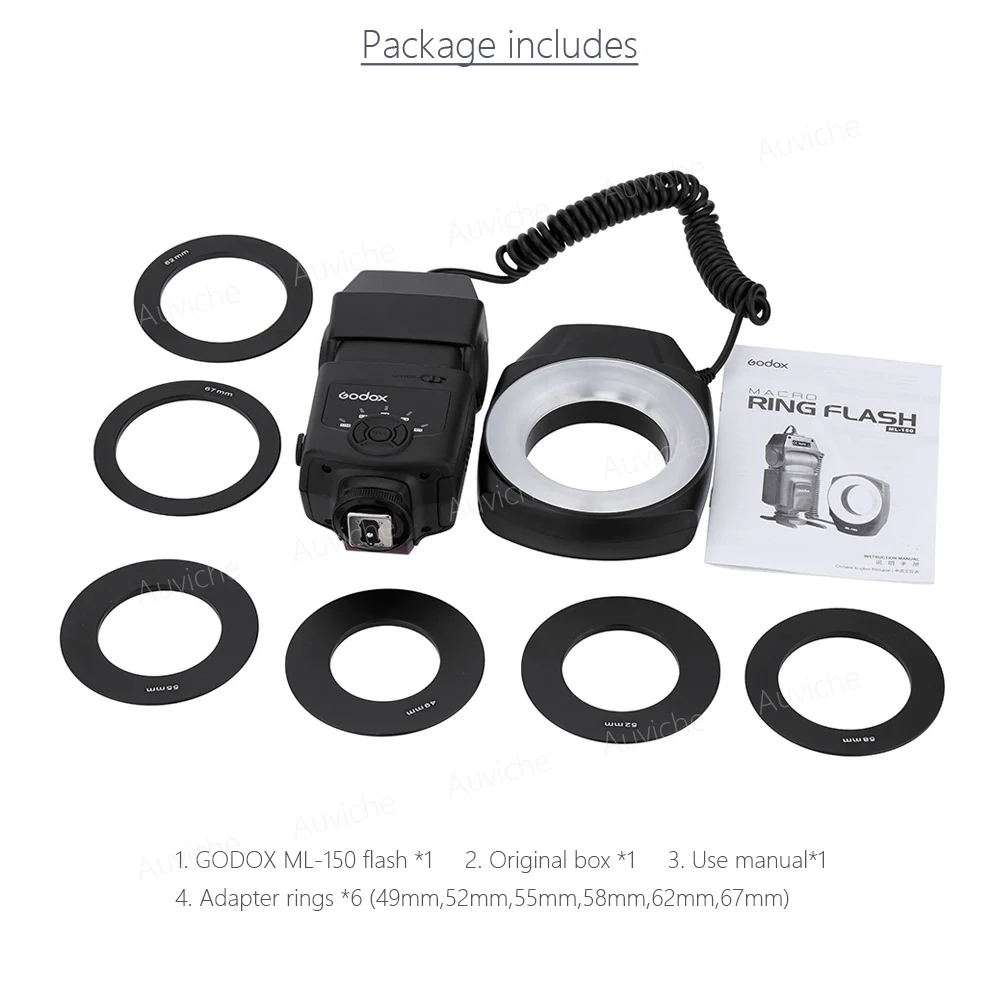 Godox ML 150 Macro Ring Вспышка Speedlite Ведущее число 10 с 6 Переходники объективов Кольца для