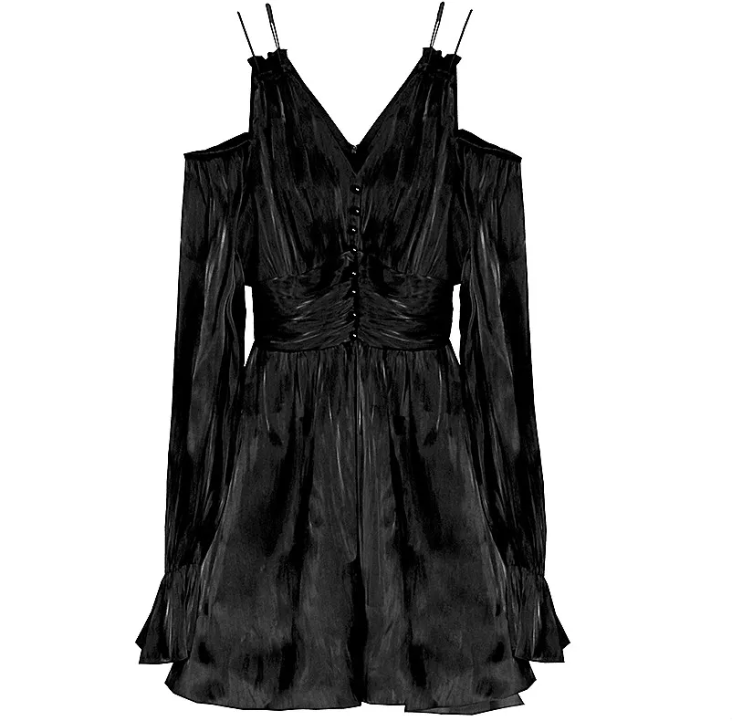 Женское открытое мини платье в стиле панк летнее черное с открытыми плечами и