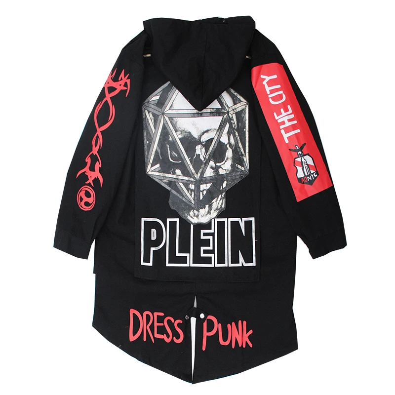 2018 пальто для Дамская мода уличный стиль печати заклепки с капюшоном Длинная