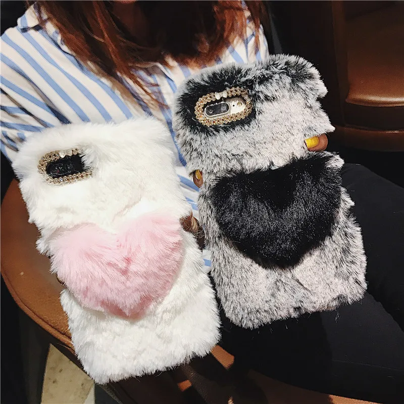 Cute Hairy Warm Fur Case For iPhone X XR XS Max 4 5 5s C SE 6splus 6 7 8 Plus Rhinestone Heart Plush Cover Soft Shell Etui Mujer |
