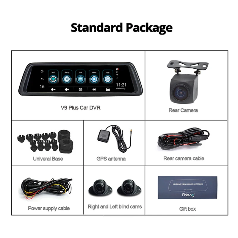 Phisung V9 Plus 4CH камера s объектив 1" Android Navi Автомобильная камера с gps зеркало заднего вида dvr привод рекордер ADAS wifi RAM2GB+ ROM32G