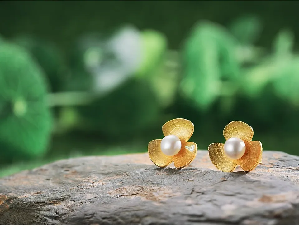 Lotus Fun, настоящее 925 пробы, серебряные серьги с натуральным жемчугом, хорошее ювелирное изделие, 18K золото, цветок клевера, серьги-гвоздики для женщин, Brincos