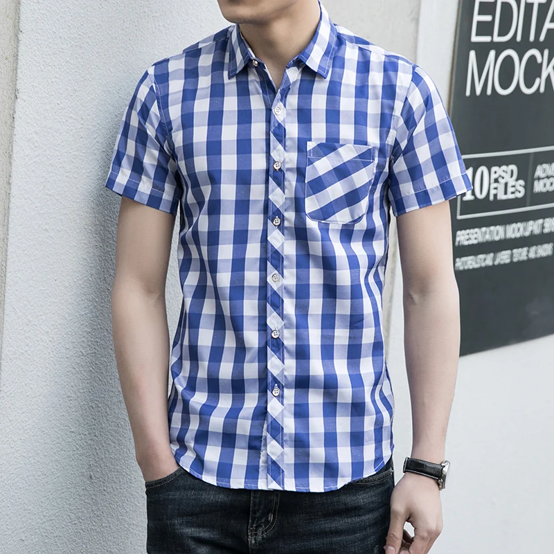 

LOLDEAL Summer Men's Shirt New Fashion Slim Plaid Cotton Casual Shirt Male