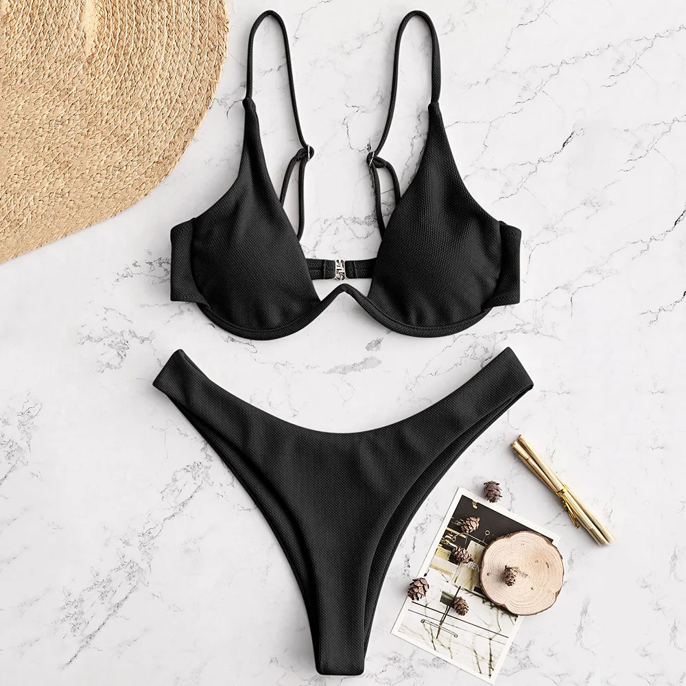 ZAFUL Текстурированный косточковый бюстгальтер высокие разрез Набор Тонкий ремни