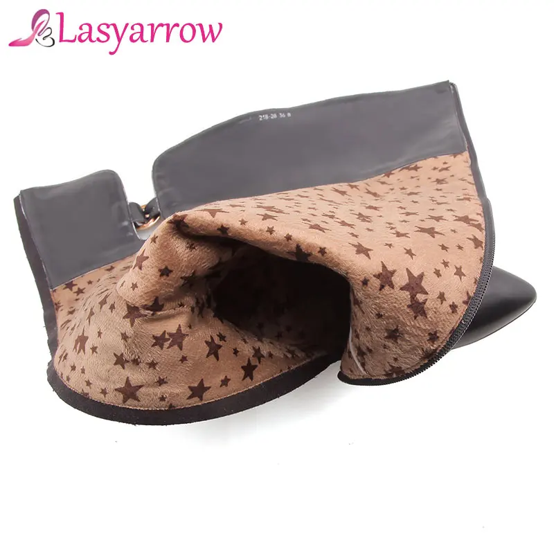 Lasyarrow/Сапоги на молнии; botas femininos; рыцарские сапоги на высоком массивном каблуке; черные, белые высокие мотоциклетные сапоги до бедра; обувь с острым носком