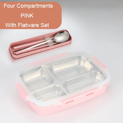 Pink 4 Flatware GLANYOMI 304 Ланч-бокс из нержавеющей стали с отделениями, бэнто-бокс для детей, школьников, пикников, контейнер для еды - Цвет: Pink 4 Flatware