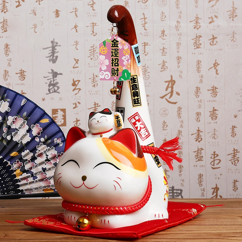 

Japanese Style Maneki Neko Ceramic Lucky Cat Money Box Margay Long Tail Cat Statue Feng Shui Ornament Home Decoration Figurine