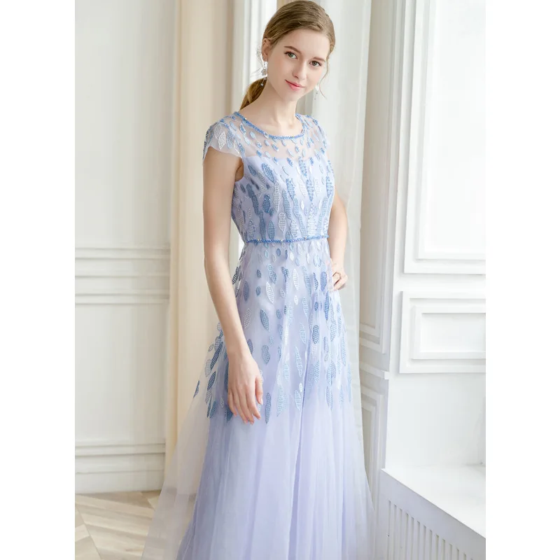 Женское длинное платье с вышивкой синее Сетчатое макси для невесты лето