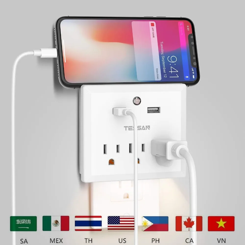 TESSAN США силовая полоса настенное крепление AC& USB розетки автоматический ночной Светильник для путешествий с американской вилкой много точек гнездо