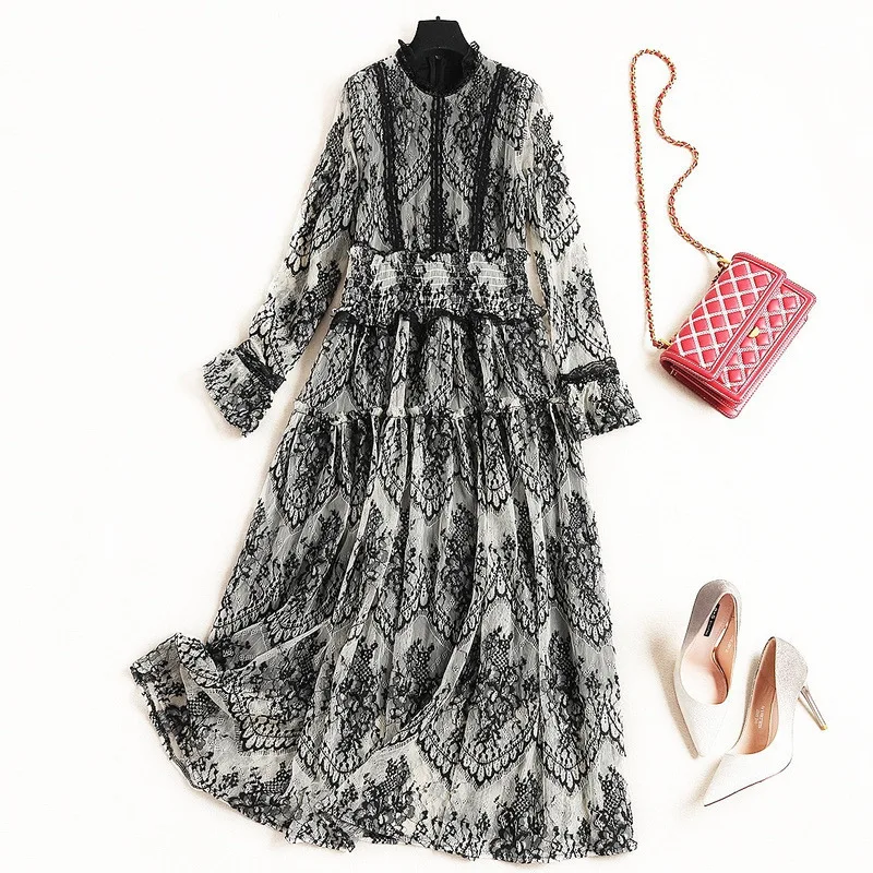 Women gothic style floral lace long dress ruffles sand collar flare sleeve high waist hollow out dresses new 2019 spring | Женская
