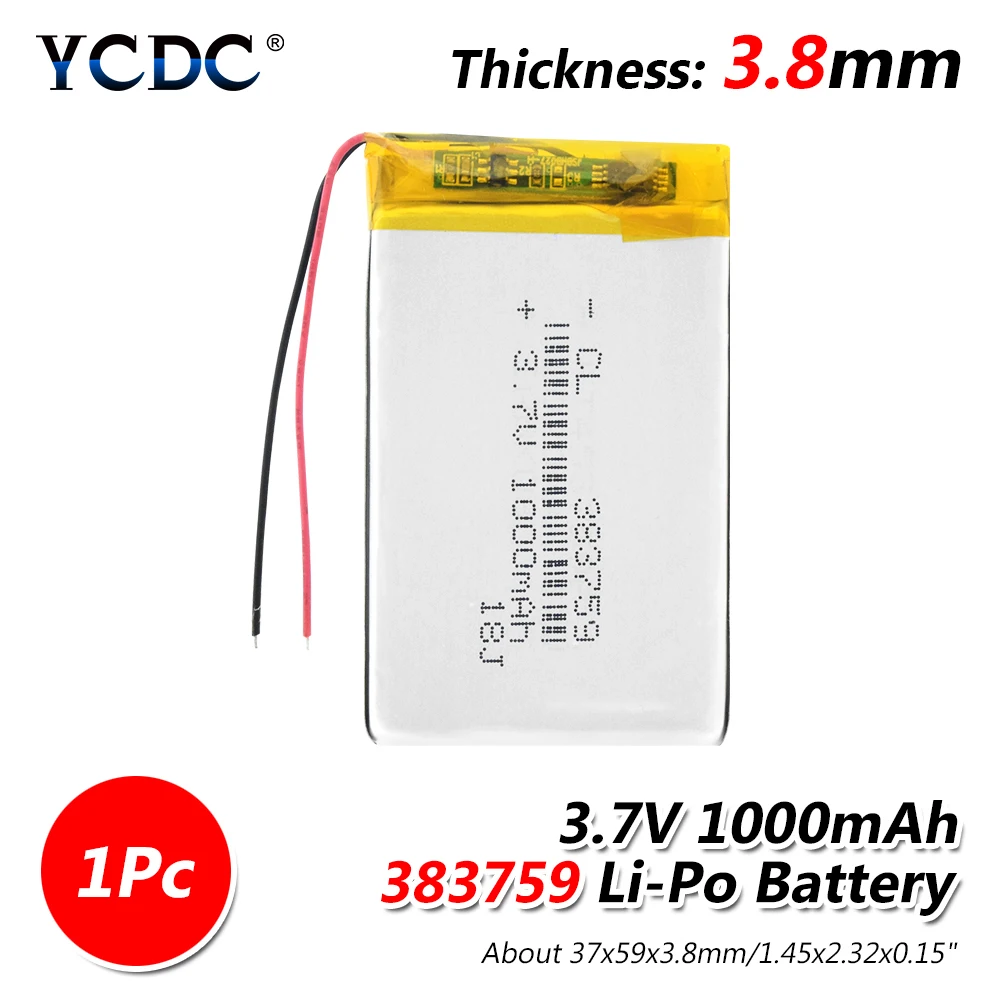 1 Pc Аккумуляторная батарея 3,7 V 1000mAh Lipo литий-полимерный аккумулятор 383759 батареи для gps MP3 MP4 рекордер вождения - Цвет: 1 Pc