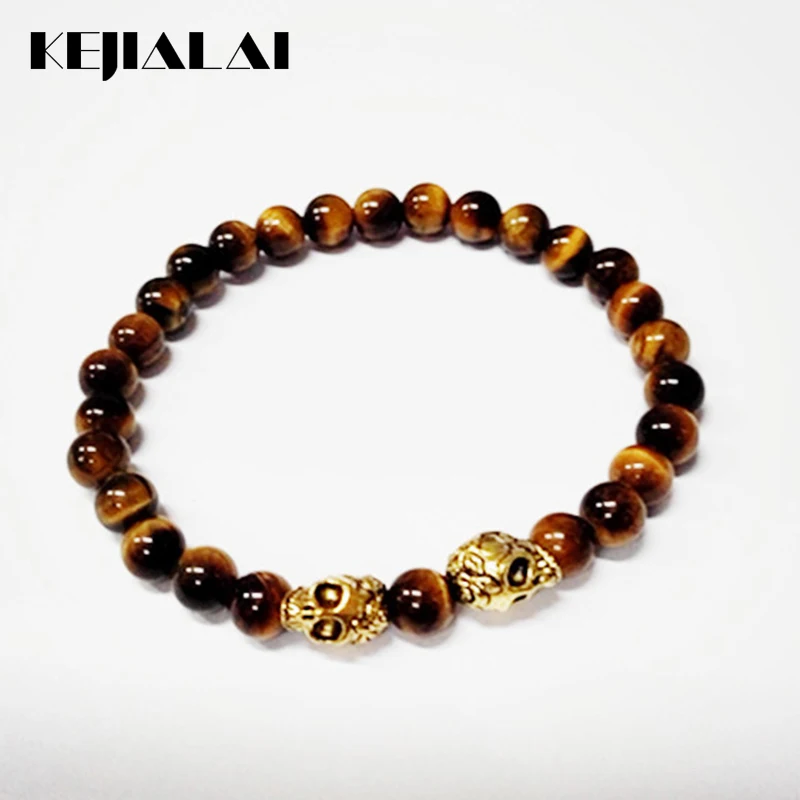New Beaded Men's Bracelets 6mm A Grade Natural Yellow Tiger Eye Gem Stone Beads Double Gold Skull Jewelry | Украшения и