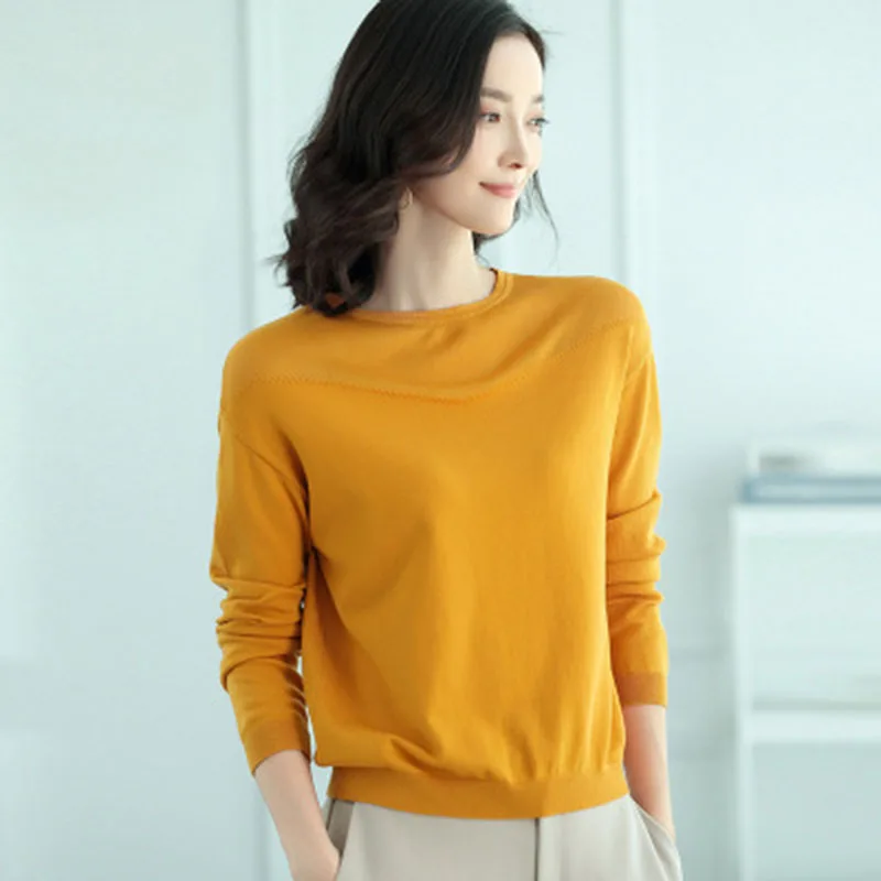 women knitted sweater Long sleeve O-neck Solid color all match lady casual dress Lady office top | Женская одежда