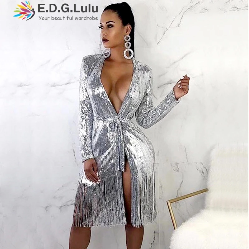 Женское платье с блестками EDGLulu вечернее средней длины глубоким v образным