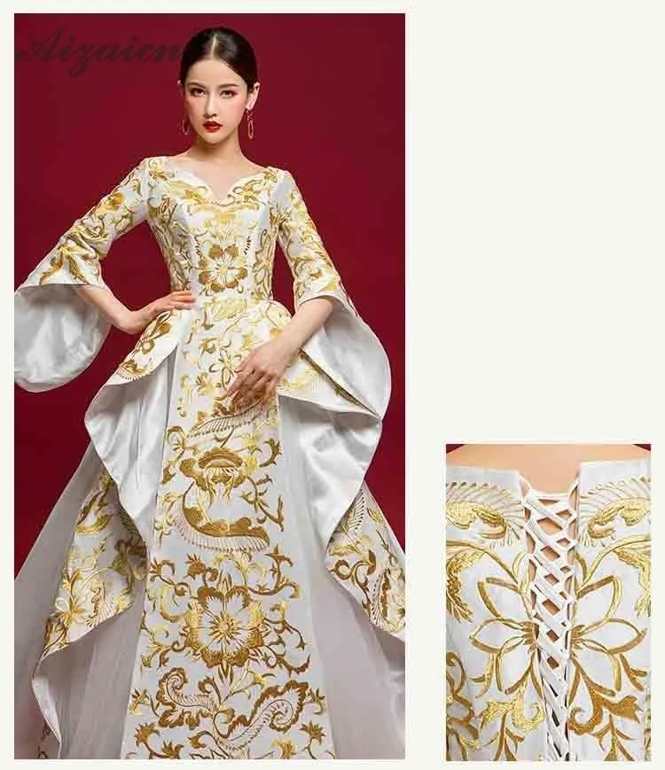 Мода V образным вырезом Длинные Cheongsam Китай для вечернего платья с вышивкой Qipao для женщин Традиционный китайский костюмы Oriental этап платье Qi Pao