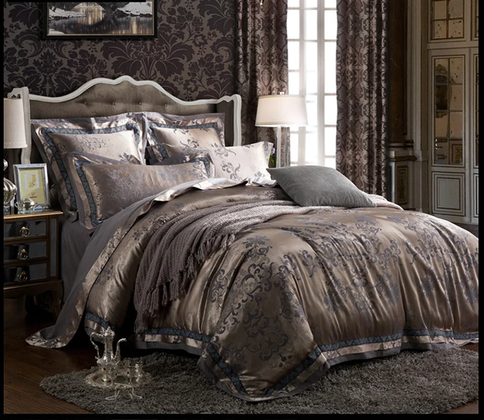 comprar Conjuntos De Cama De Luxo De Cetim Jacquard Bordado Jogo De Cama De Casal Queen Rei Capa De Edredão Conjunto De Folhas De Cama Fronha 4/6 Pcs De Ouro Cinza