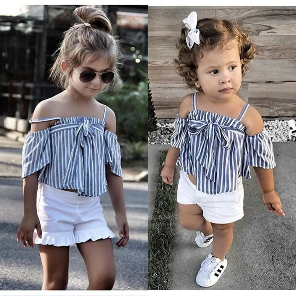 Комплект одежды для маленьких девочек топы в полоску с короткими рукавами и