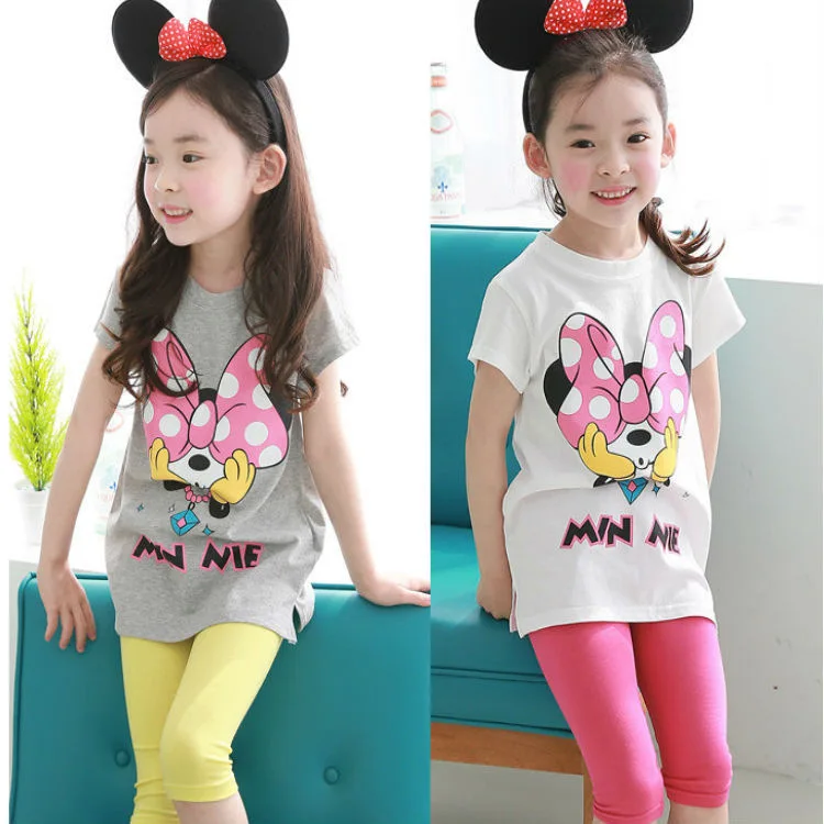 

girl Summer clothes sets Print mouse Short sleeve T shirt Five minutes elastic pants 2piece Suit Children clothing clothes