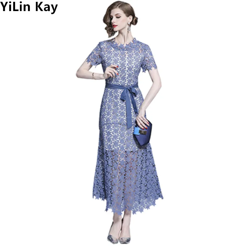 

YiLin Kay High-end custom fashion summer dress 2019 woman with hollowed-out lacing Elegant lace dress