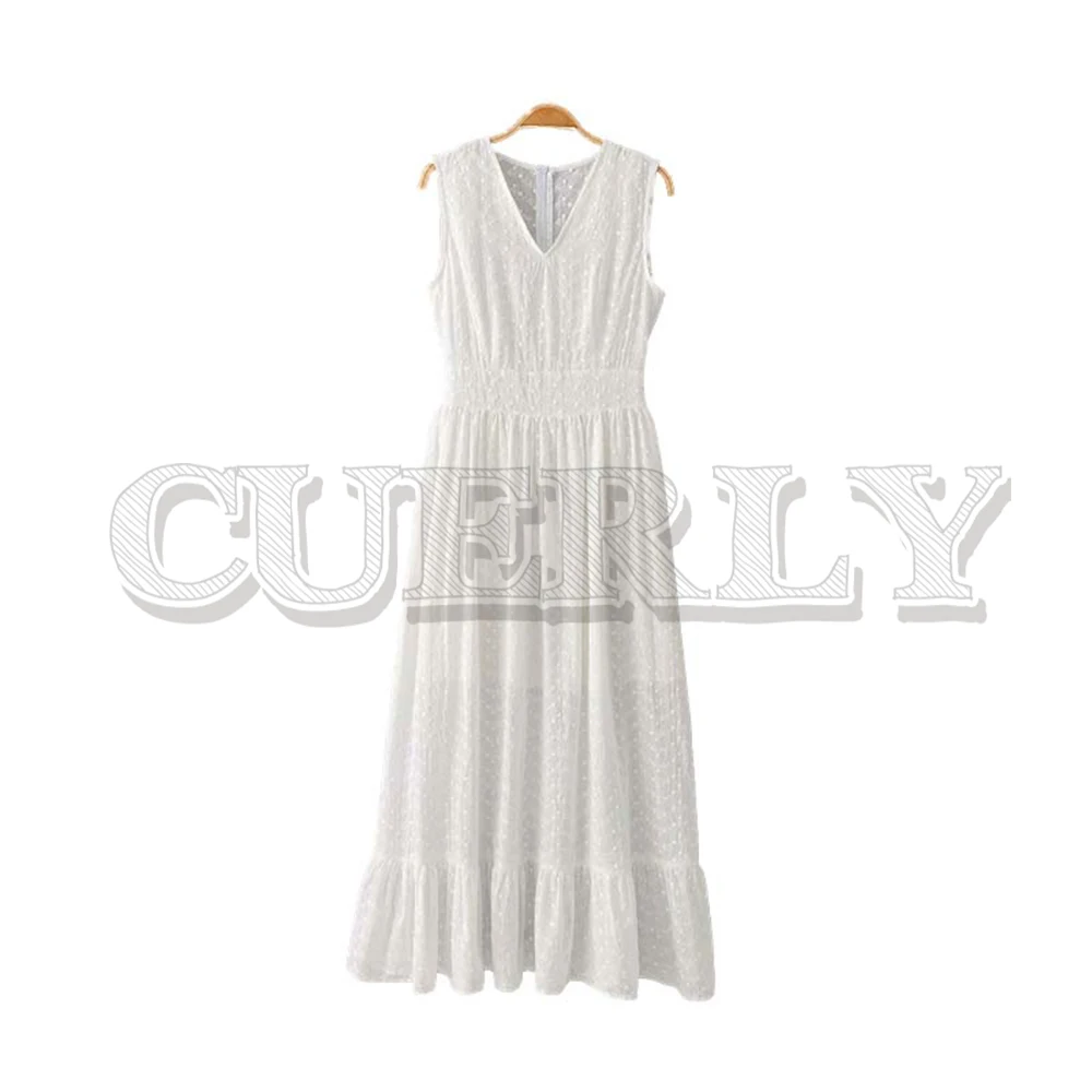 Милое женское белое платье миди с v образным вырезом и вышивкой открытой спиной