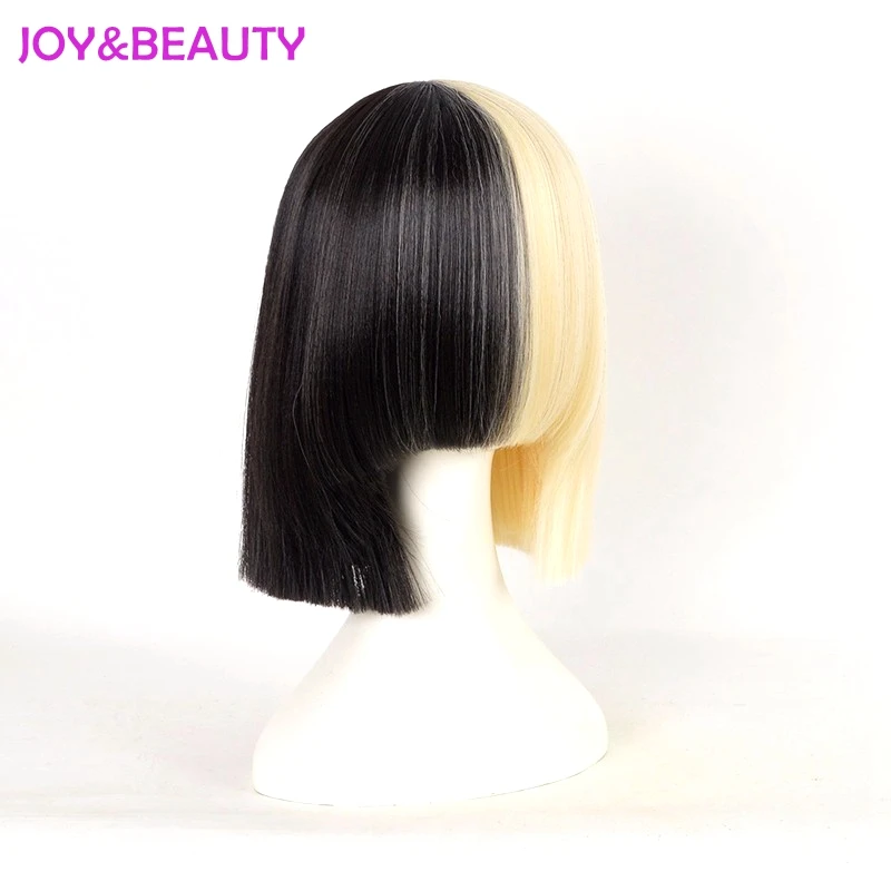 JOY& BEAUTY волосы длинные взрыва СИА парик короткий боб парик женский половина блонд и черный смешанные волосы короткие прямые косплей парик 12 дюймов длинные
