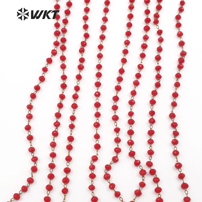 

WT-RBC049 Bright Red Color 2mm Beads Rosary Chain Tiny Faceted Beads In Gold Metal Wire Wrapped Chain Handmade Women Necklace