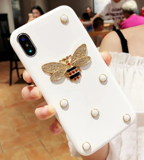 White Роскошный кожаный мягкий чехол для телефона для iphone 7 чехол 3D мода алмаз пчела жемчуг Классический чехол для iphone 6 6s 7 8 plus X XR XS Max - Цвет: White