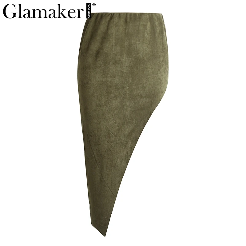 Glamaker фитнес Сплит бархатная юбка с высокой талией Весенняя уличная одежда женские юбки Футляр Сексуальная Асимметричная тонкая юбка для вечеринок - Цвет: Армейский зеленый