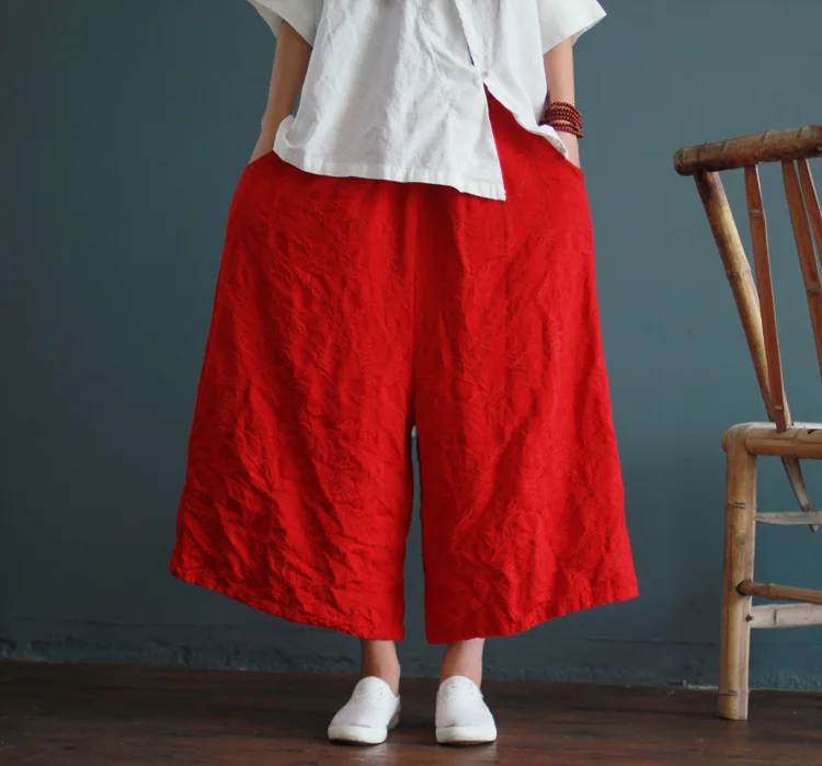 Свободные прямые яркие красные женские хлопковые льняные брюки до щиколотки с
