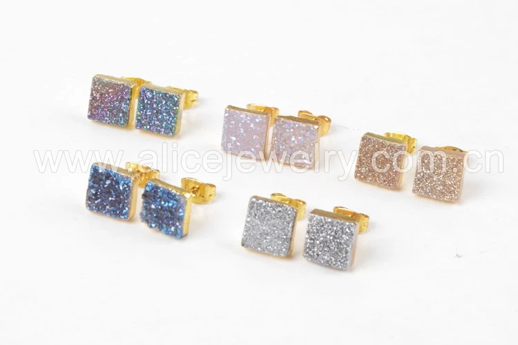BOROSA 5 пар Druzy серьги, 8 мм квадратный натуральный золотой цвет горный хрусталь кристалл Титан Радуга запонка с друзами серьги для Для женщин G1279