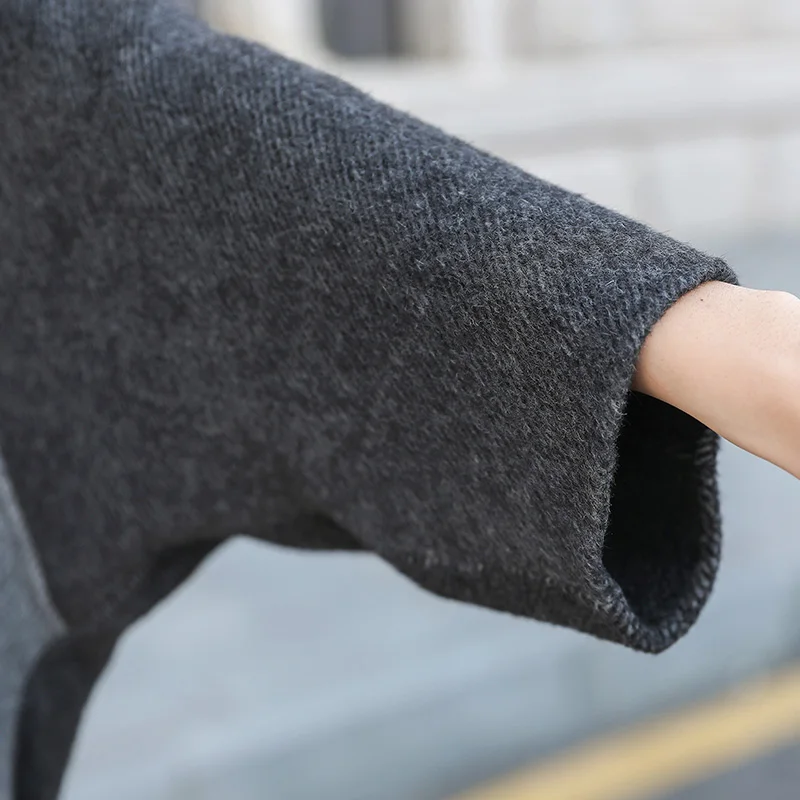 Женское двубортное пальто VOA серое шерстяное с воротником длинное для девушек