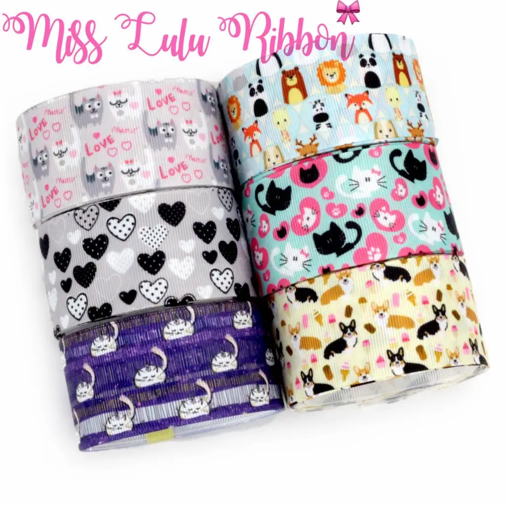 16 мм 75 Серия животных милые кошки собаки печатная корсажная лента бант для волос