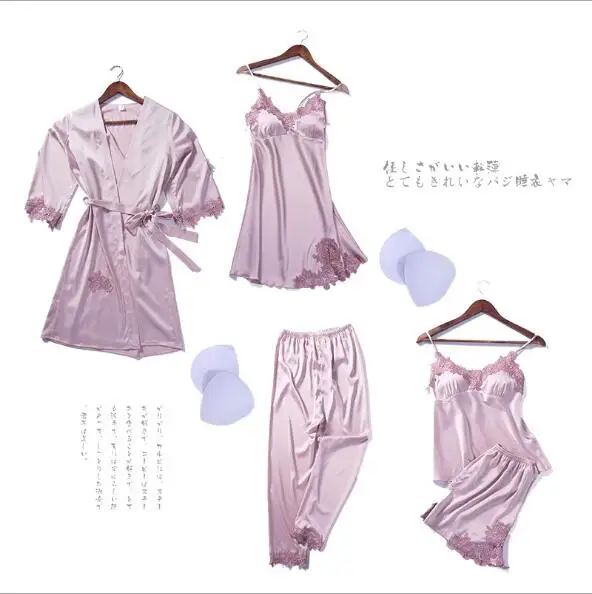 pink Fdfklak 5 шт. Для женщин Пижама, Пижама, одежда для сна сексуальная пижама женская шелковая для сна; детская пижама с принтом с сезон: весна–лето дома ClothesQ1274 - Цвет: pink