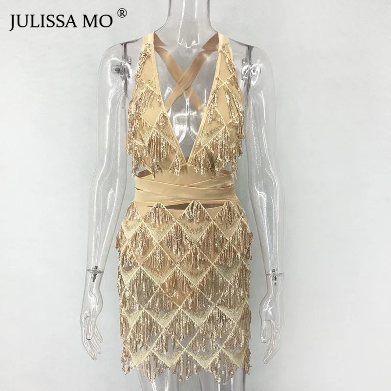 yellow Julissa mo, серебристое Бандажное облегающее платье с блестками, женское сексуальное мини-платье с открытой спиной,, вечернее платье с кисточками знаменитостей vestidos - Цвет: yellow