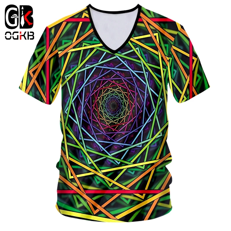 

OGKB Unisex Hiphop Streetwear Casual Tshirt Men's Summer Tops Funny Print Geometric Colored Lines 3D V Neck T-shirts Dropshiping