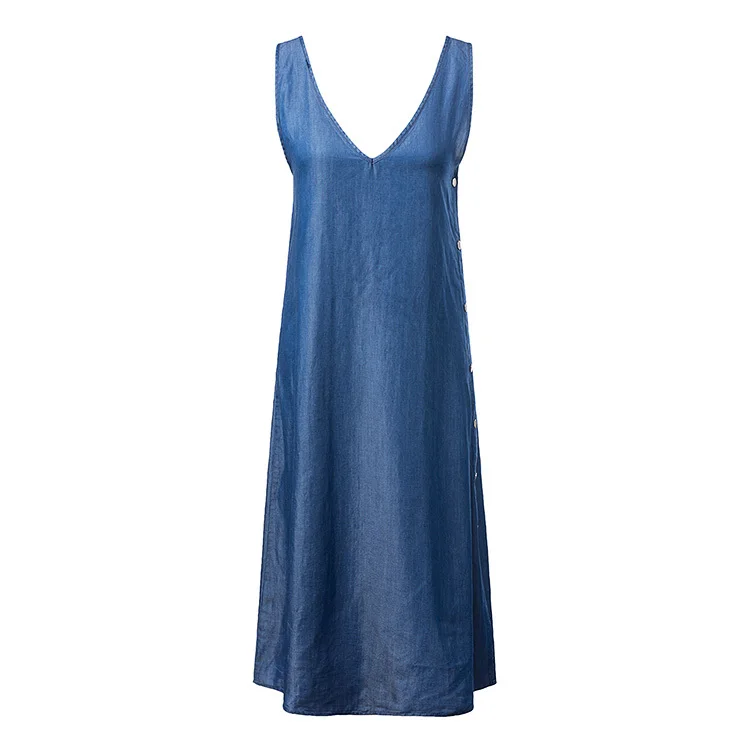 Летнее платье 2019 Повседневное макси без рукавов Джинсовая женская одежда с