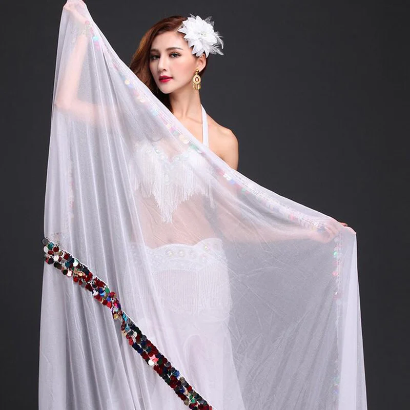 Новое поступление, малая Фата для танца живота, длинная Цветочная ручная работа, шитая блестками, танцевальный шарф Вуаль белый/черный