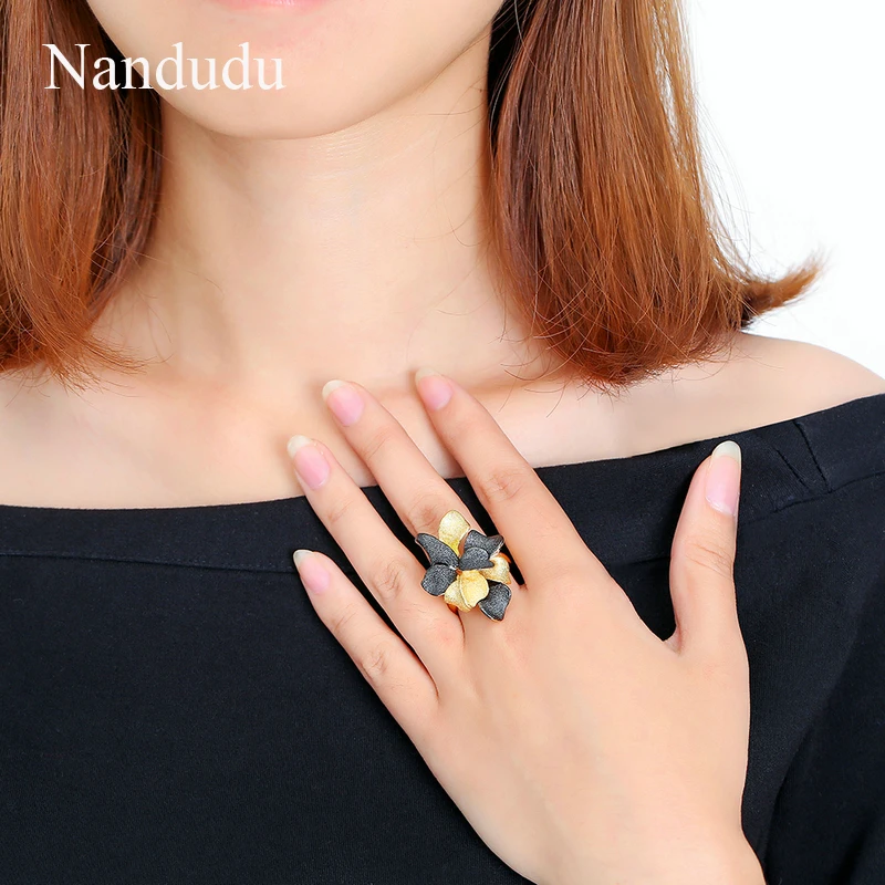 Nandudu кольца с черными и золотыми лепестками и цветами, аксессуары, модное ювелирное изделие, подарок на Рождество, Год, женские вечерние кольца R1921